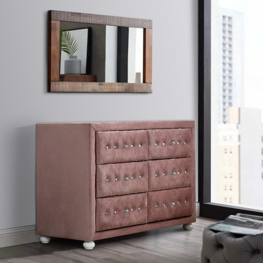 Rex 40 Inch Modern Upholstered Dresser, 6 Drawers, Crystal Handles, Pink By Casagear Home