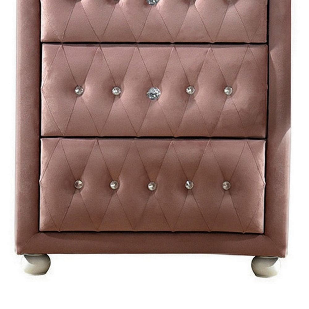 Rex 38 Inch Tall Upholstered Dresser Chest 4 Drawer Crystal Handles Pink By Casagear Home BM279729