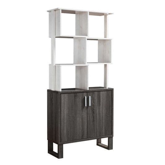 Crew 68 Inch Wood Bookcase Unit, 1 Cabinet, 6 Compartments, Oak White, Gray By Casagear Home