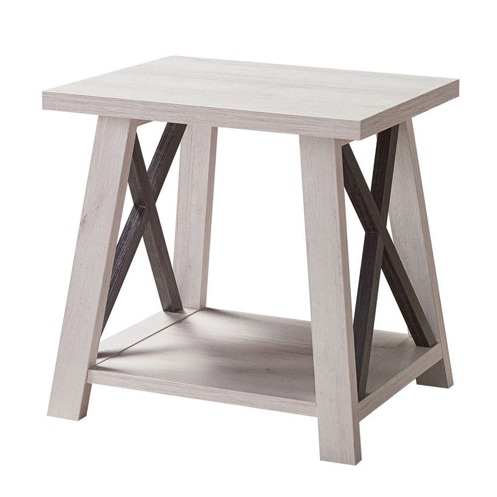 Tess 22 Inch Farmhouse End Table, 1 Shelf, Wood, White Oak, Distressed Grey By Casagear Home