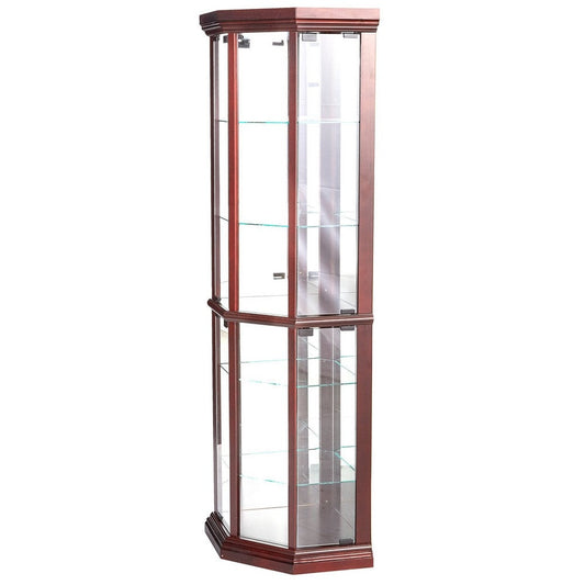 71 Inch China Curio Corner Cabinet, 4 Door 5 Shelves, Wood, Cherry Brown By Casagear Home