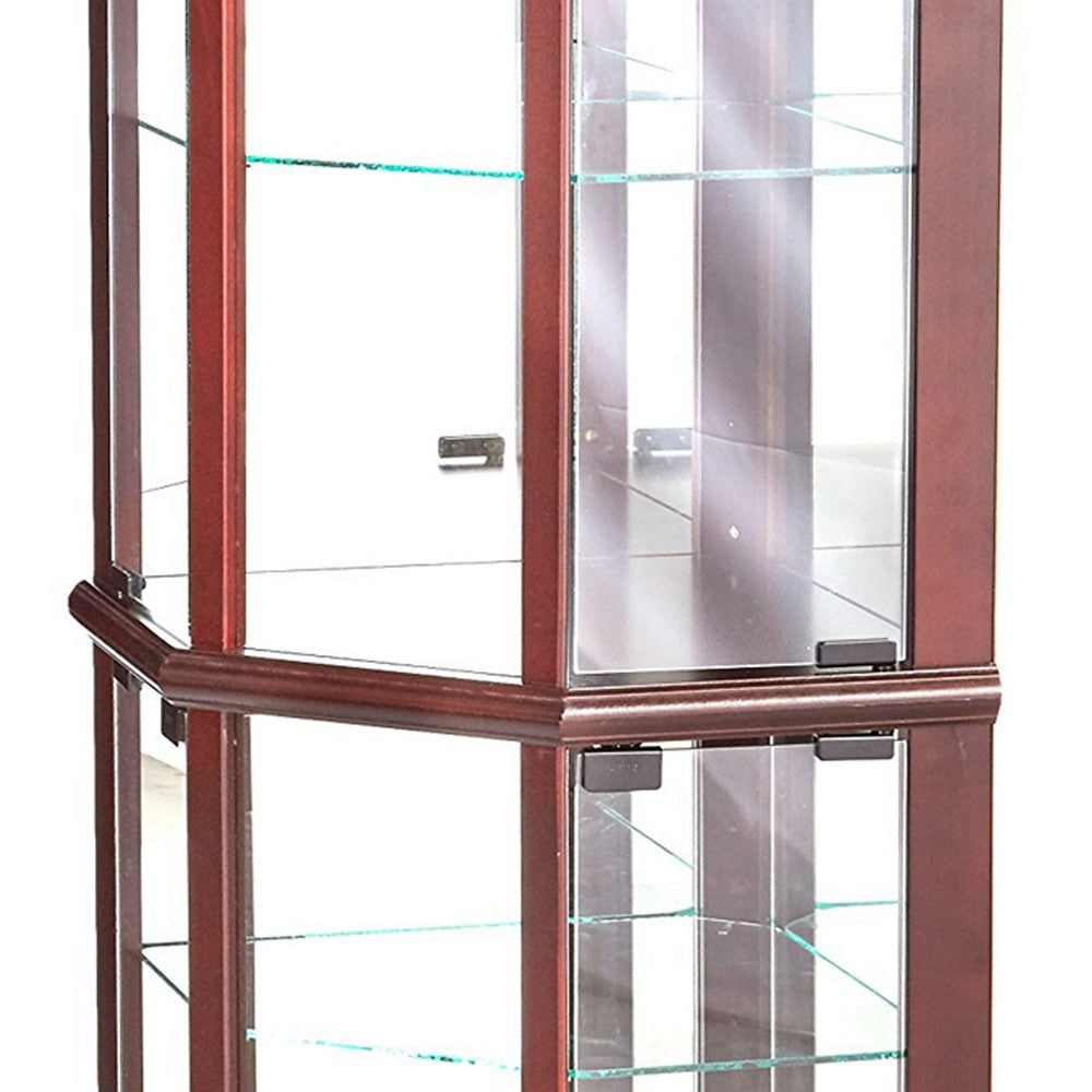 71 Inch China Curio Corner Cabinet 4 Door 5 Shelves Wood Cherry Brown By Casagear Home BM280251
