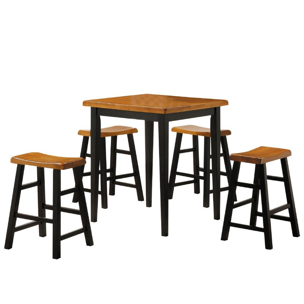 Gael Counter Height Square Dining Table Set, 4 Stools, Wood, Oak, Black By Casagear Home