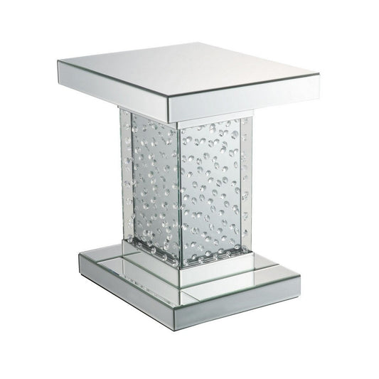Pali 20 Inch Square Pedestal End Table, Mirrored, Faux Crystal Inlay, Silver By Casagear Home