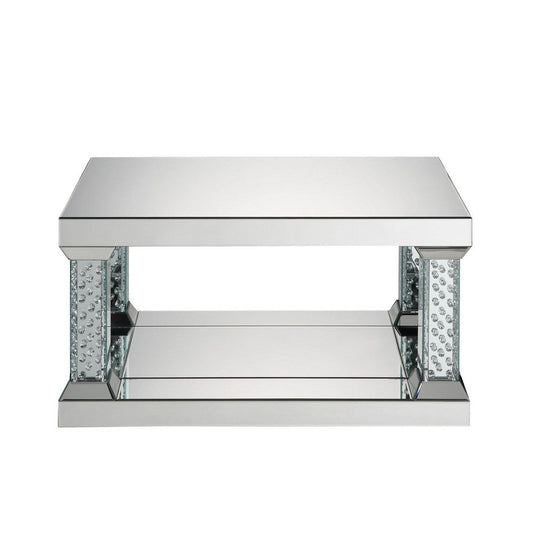 Pali 36 Inch Rectangular Coffee Table, Mirrored, Faux Crystal Inlay, Silver By Casagear Home