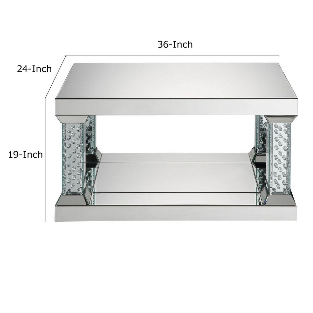 Pali 36 Inch Rectangular Coffee Table Mirrored Faux Crystal Inlay Silver By Casagear Home BM280270