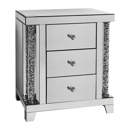Noe Nightstand | 26" | 3 Drawer | Mirrored | Diamond Inlay | Silver