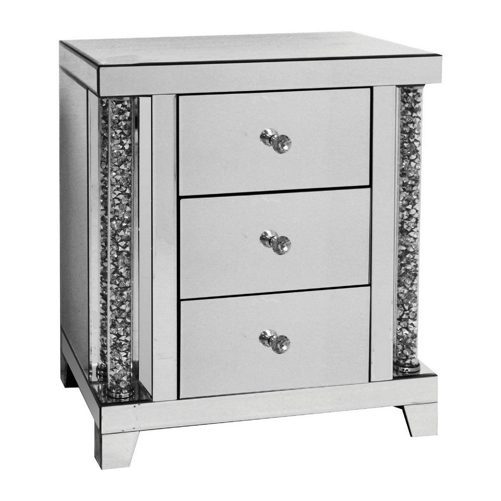 Noe 26 Inch 3 Drawer Accent Table Nightstand, Mirrored, Faux Diamond Inlay, Silver By Casagear Home