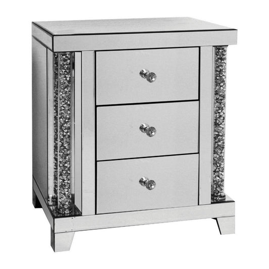 Noe 26 Inch 3 Drawer Accent Table Nightstand, Mirrored, Faux Diamond Inlay, Silver By Casagear Home
