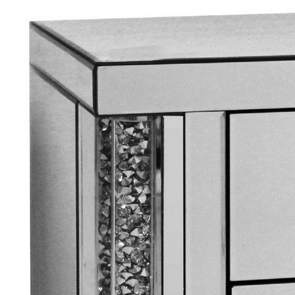 Noe 26 Inch 3 Drawer Accent Table Nightstand Mirrored Faux Diamond Inlay Silver By Casagear Home BM280272