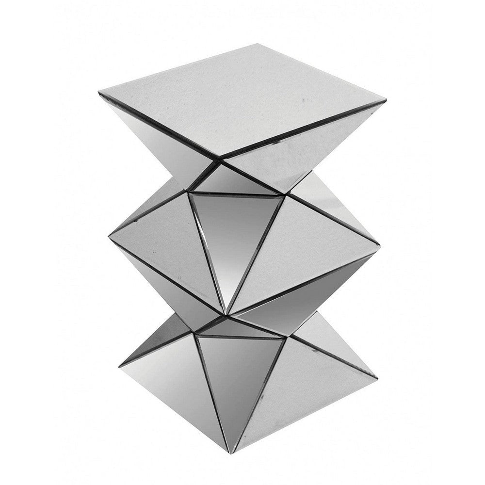 20 Inch Modern End Table, Square Mirror Top, Silver Geometric Pedestal Base By Casagear Home