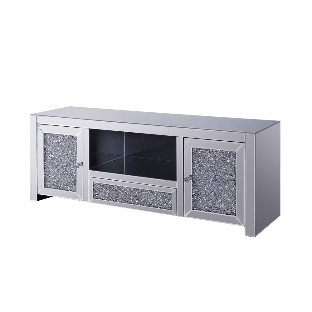 Noe 59 Inch Wood TV Entertainment Media Console, Faux Diamond Inlay, Silver By Casagear Home