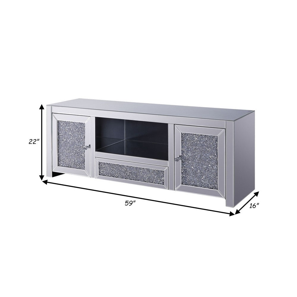 Noe 59 Inch Wood TV Entertainment Media Console Faux Diamond Inlay Silver By Casagear Home BM280280