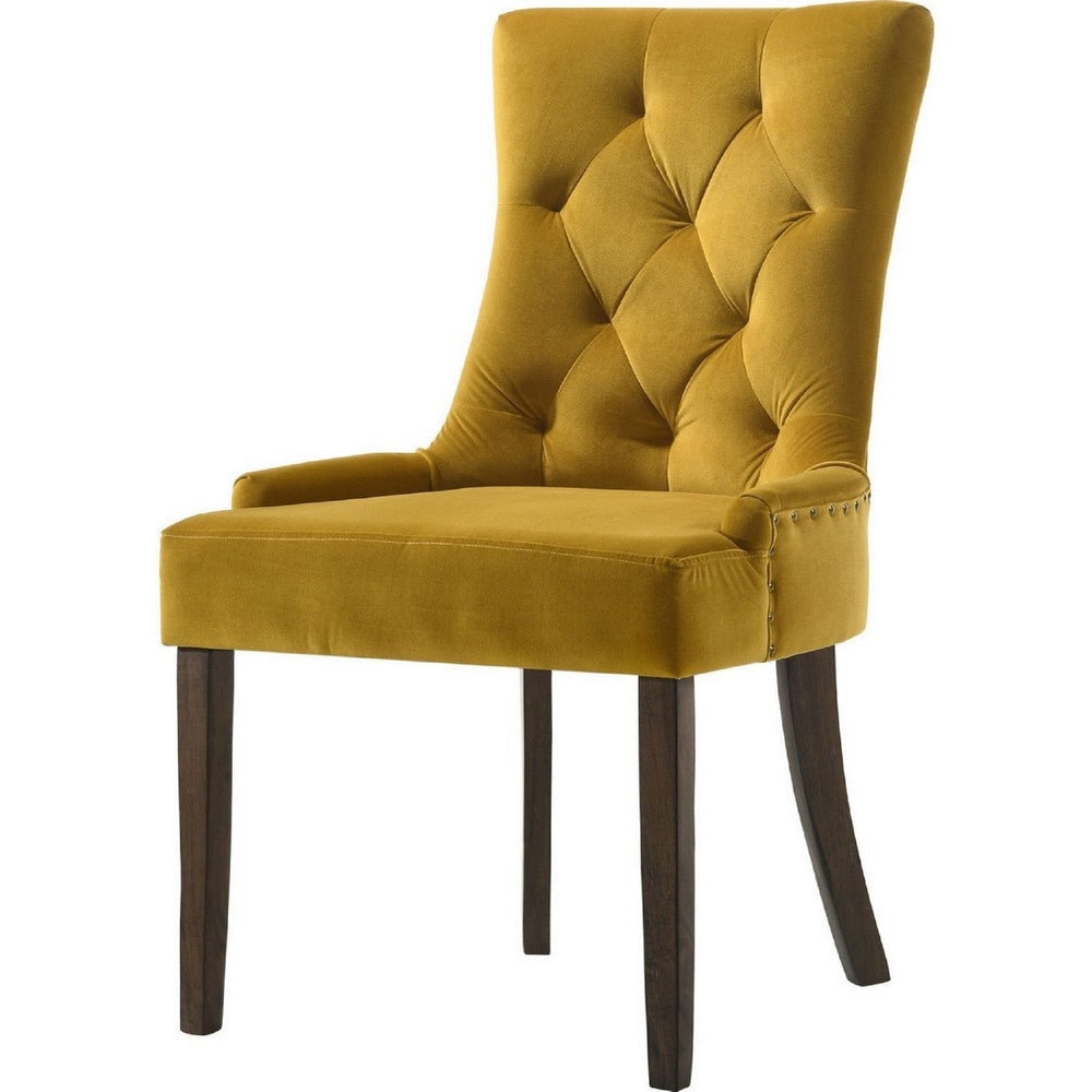Esme 24 Inch Solid Wood Dining Chair, Velvet Tufted, Set of 2, Yellow By Casagear Home