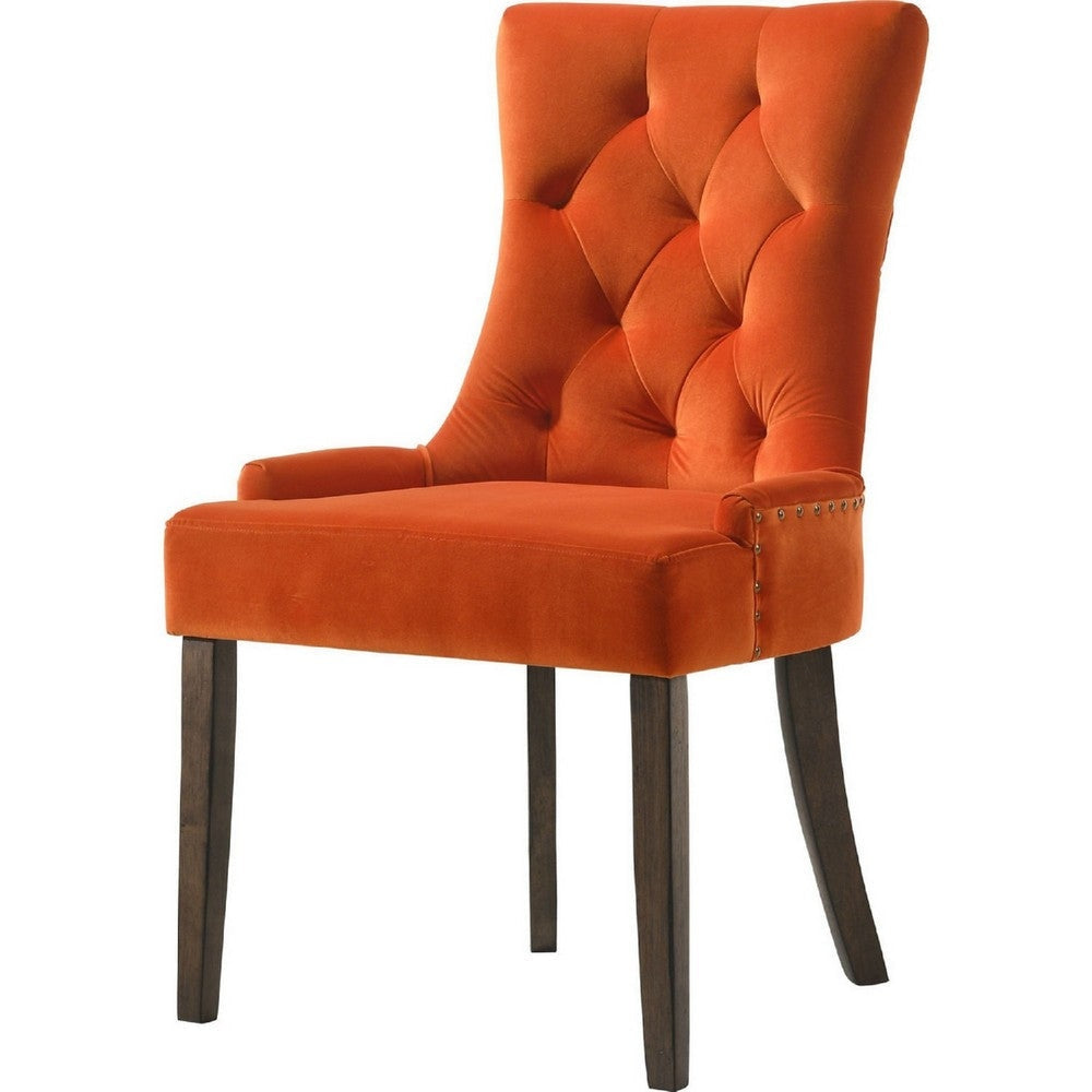 Esme 24 Inch Solid Wood Dining Chair, Velvet, Tufted, Set of 2, Orange By Casagear Home