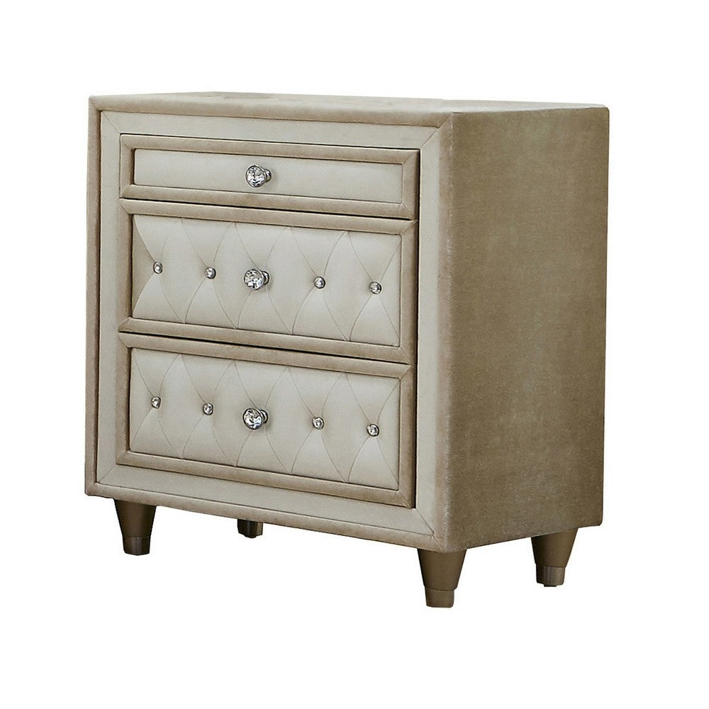 Matt Nightstand | 30" | 3 Drawers | Velvet Tufted | Ivory, Brown