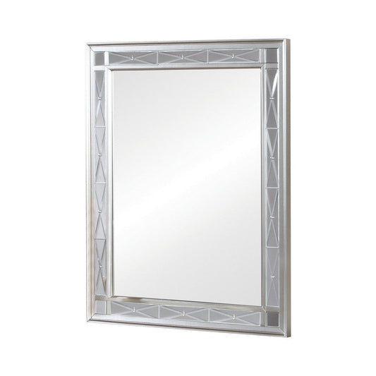41 Inch Vanity Mirror, Etched Glass Trim, Wood Frame, Metallic Silver By Casagear Home
