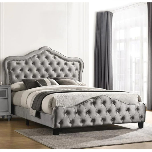 87 Inch Classic Upholstered Queen Size Bed, Scalloped, Button Tufted, Gray By Casagear Home