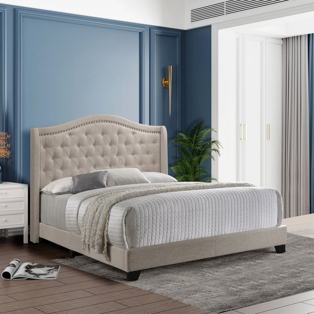 Queen Bed | Beige Fabric | Camel Back | Button Tufted
