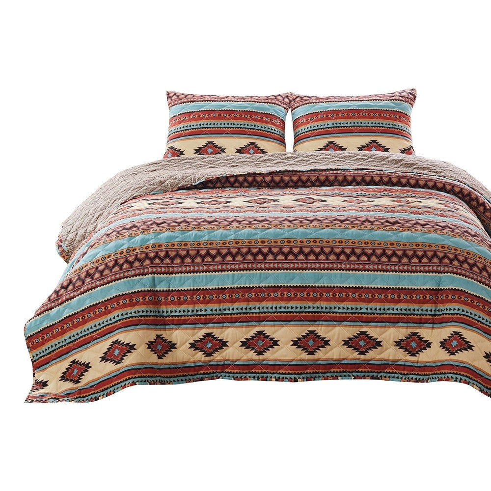Linda 3 Piece Full Quilt Set, Tribal Pattern, Diamond Design, Multicolor By Casagear Home