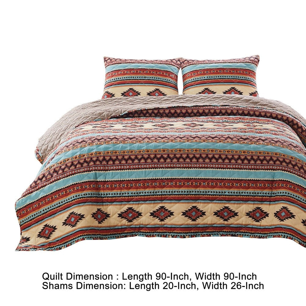 Linda 3 Piece Full Quilt Set Tribal Pattern Diamond Design Multicolor By Casagear Home BM280406