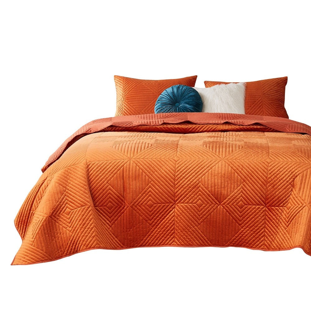 Ahab 3 Piece Velvet Full Quilt Set Diamond Quilting Design Orange By Casagear Home BM280412