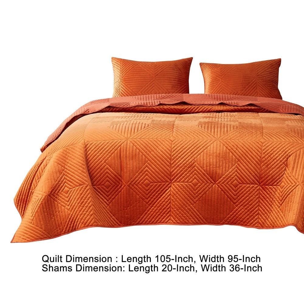 Ahab 3 Piece Velvet King Quilt Set Diamond Quilting Design Orange By Casagear Home BM280413