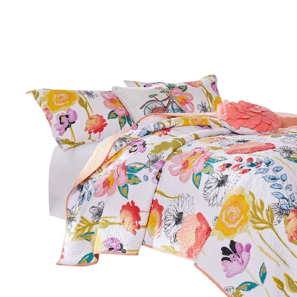 Mavi 4 Piece Reversible Twin Quilt Set, Spring Floral Print, Multicolor By Casagear Home
