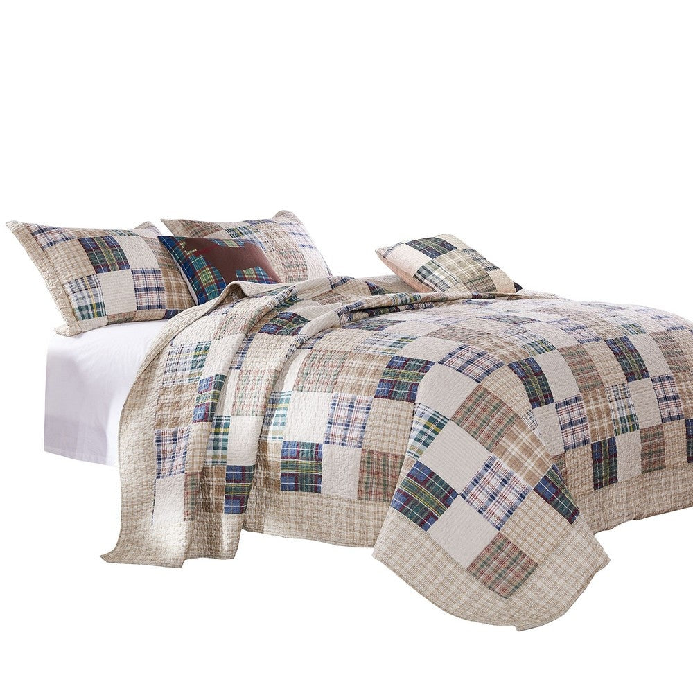 Cari 5 Piece King Quilt Set, Traditional Plaid Pattern, Beige, Brown, White By Casagear Home