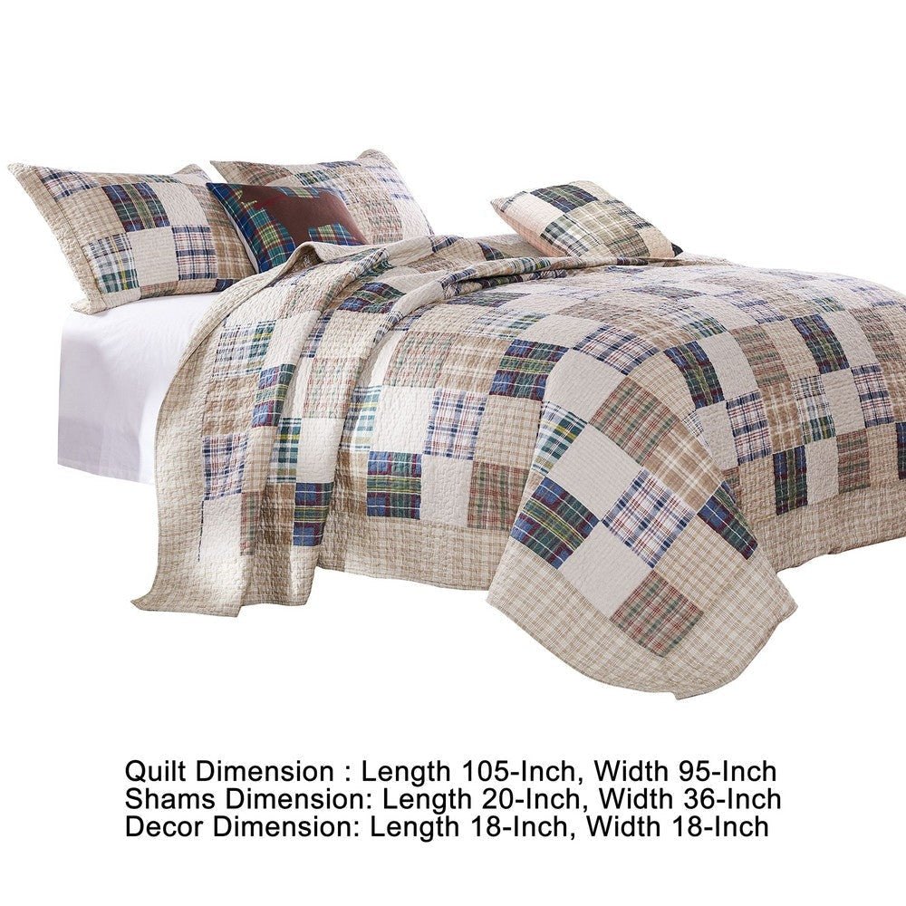 Cari 5 Piece King Quilt Set Traditional Plaid Pattern Beige Brown White By Casagear Home BM280433
