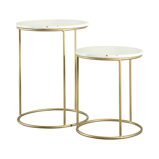 22, 17 Inch Modern 2 Piece Nesting End Table Set, White Marble Top, Gold By Casagear Home