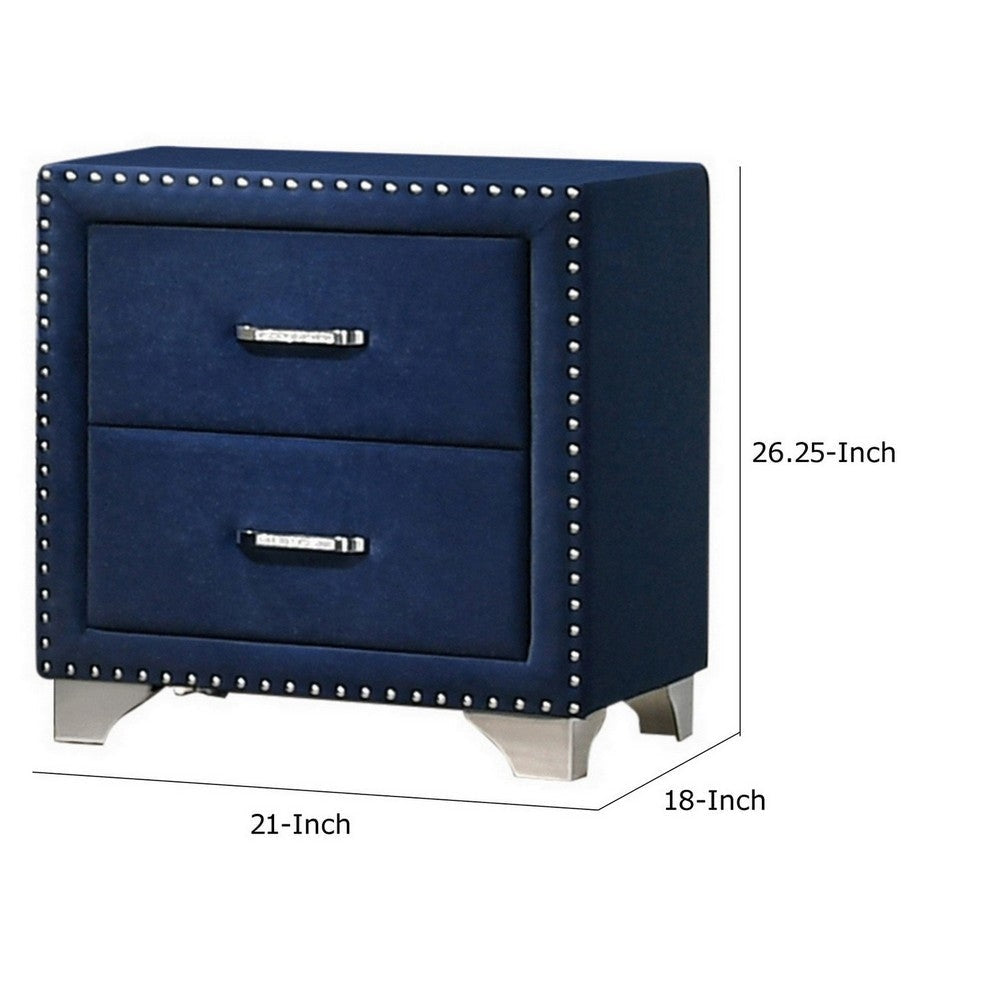 Cale 26 Inch Modern Wood Nightstand Velvet Upholstered Nailhead Blue By Casagear Home BM280481