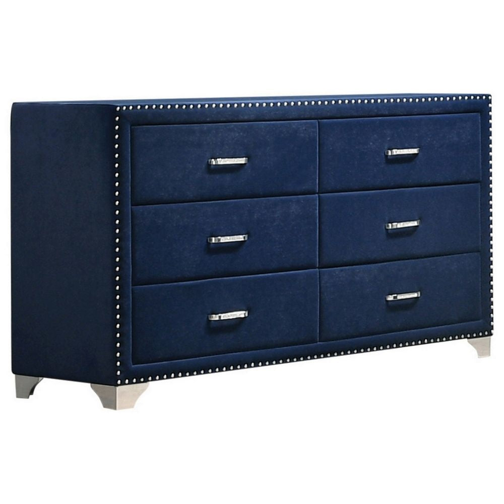 Cale 60 Inch Modern Glam Wood Dresser, 6 Drawer, Velvet, Nailhead, Blue By Casagear Home