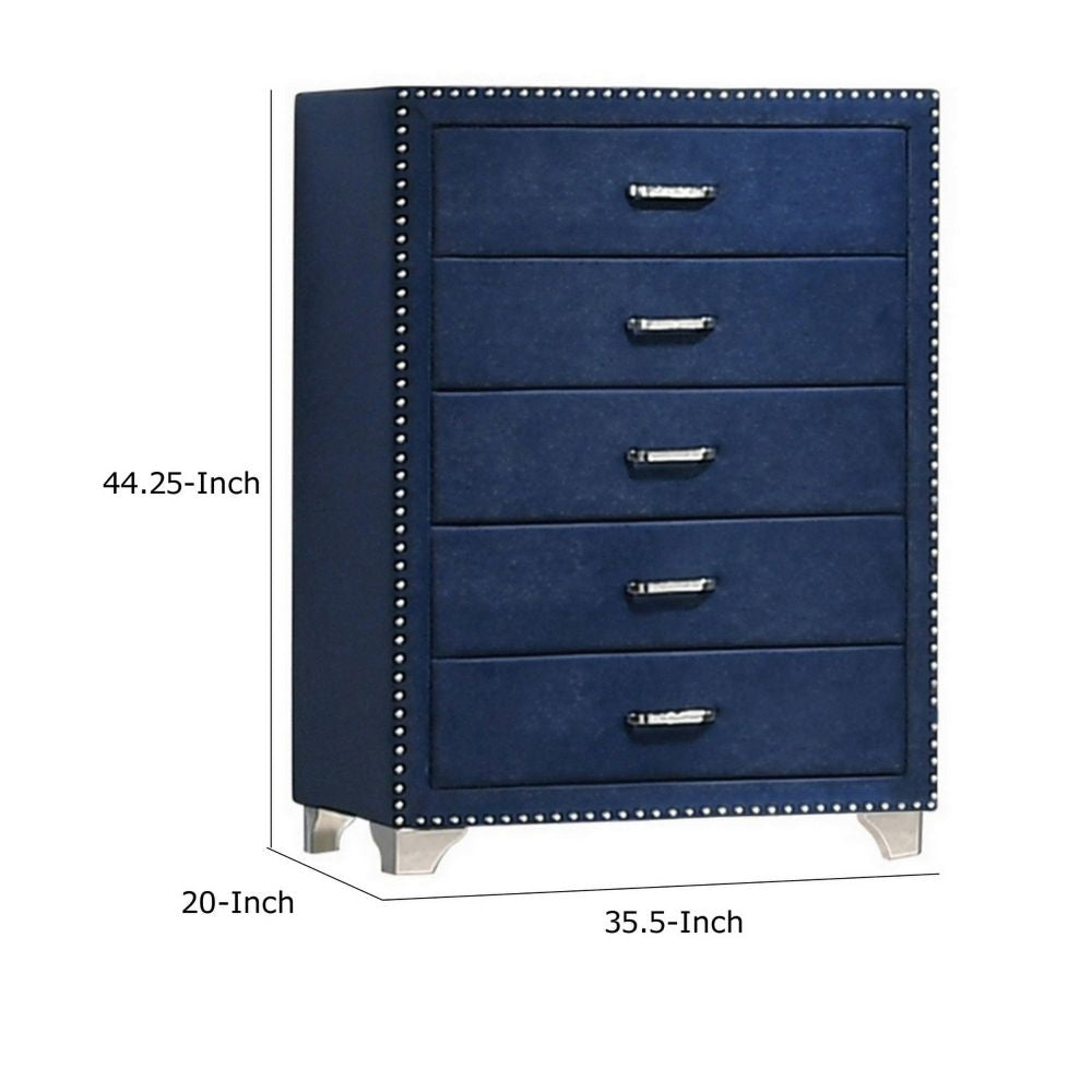 Cale 44 Inch Modern Glam Tall 5 Drawer Dresser Chest, Nailhead, Blue Velvet - 5-Drawer Cale 44 Inch Modern Glam Tall 5 Drawer Dresser Chest, Nailhead, Blue Velvet - 5-Drawer