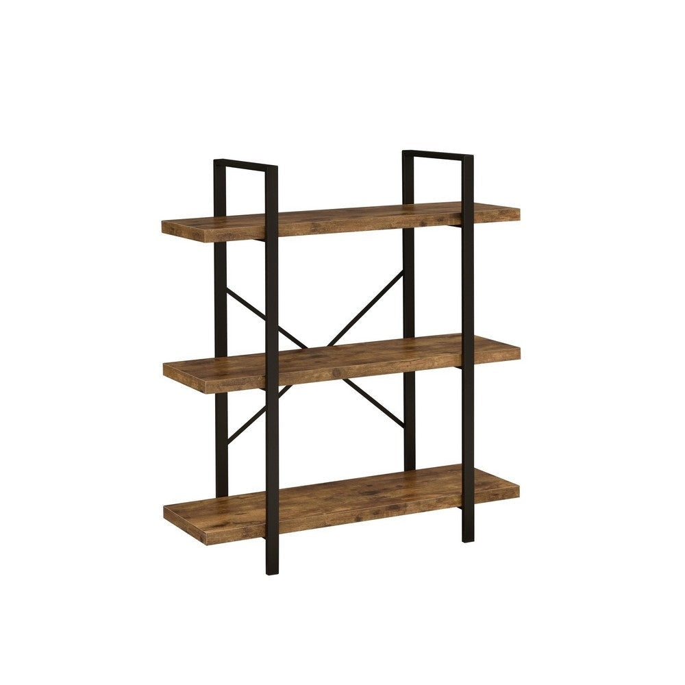 Ana 40 Inch Wood Bookcase, 3 Shelves, Crossed Metal Design, Rustic Brown By Casagear Home