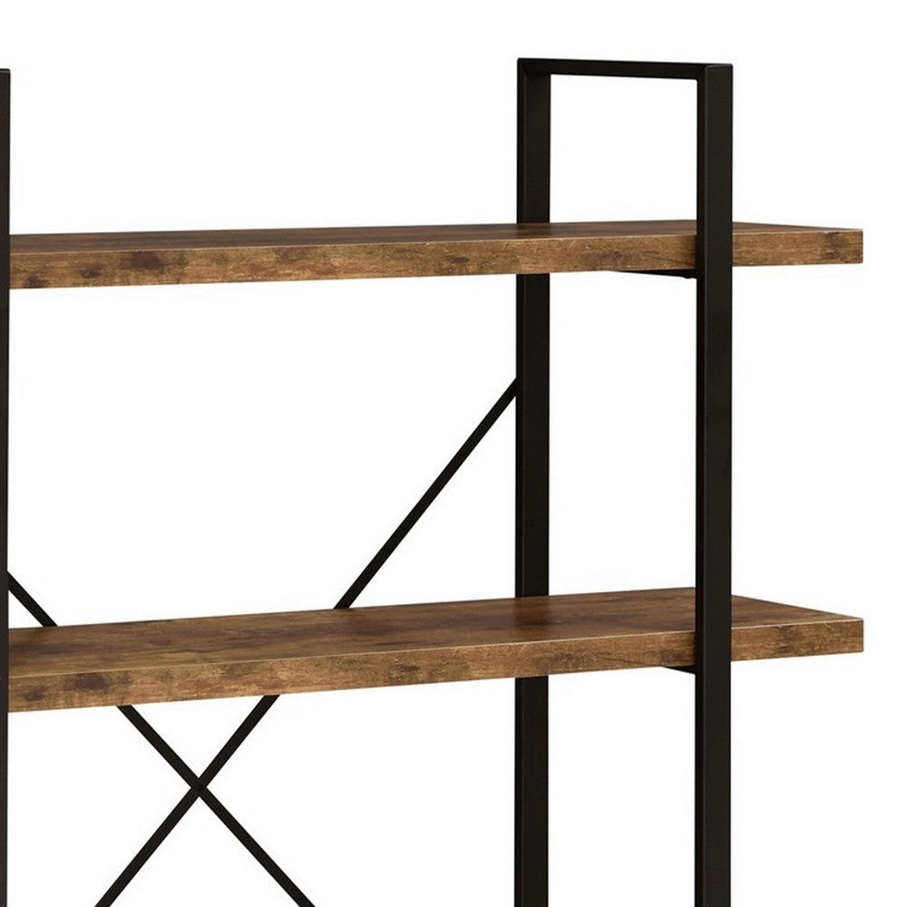 Ana 55 Inch Wood Bookcase 4 Shelves Crossed Metal Design Rustic Brown By Casagear Home BM280487