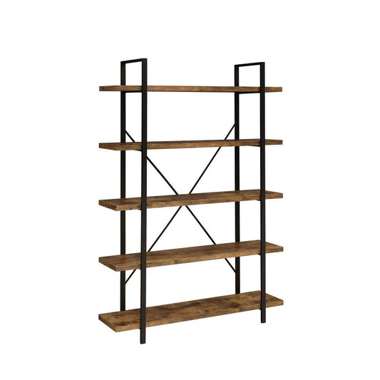 Ana 70 Inch Wood Bookcase, 5 Shelves, Crossed Metal Design, Rustic Brown By Casagear Home