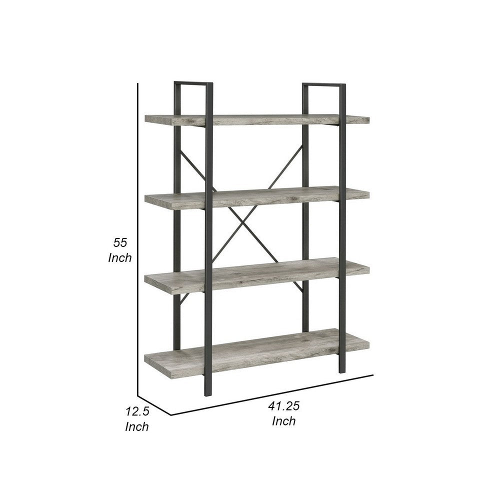 Ana 55 Inch Wood Bookcase 4 Shelves Crossed Metal Design Light Gray By Casagear Home BM280490