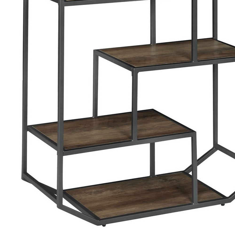 72 Inch Wood Bookcase Geometric Metal Frame 7 Shelves Gray Brown By Casagear Home BM280492