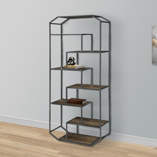 72 Inch Wood Bookcase Geometric Metal Frame 7 Shelves Gray Brown By Casagear Home BM280492