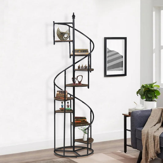 69 Inch Wood Bookcase Spiral Metal Frame Staircase Design Brown By Casagear Home BM280493