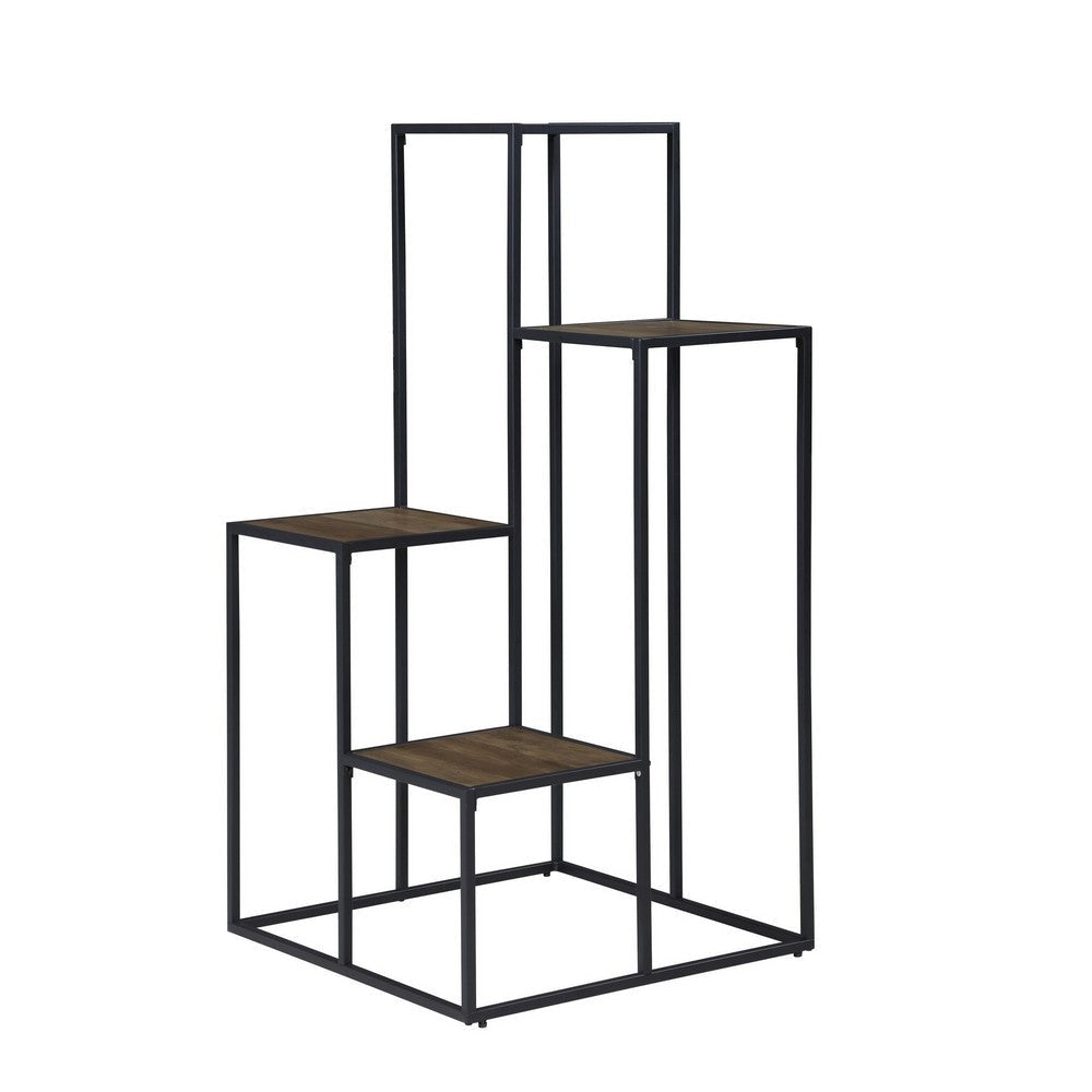 50 Inch 4 Tier Design Display Shelf, Metal Frame, Industrial, Brown, Black By Casagear Home