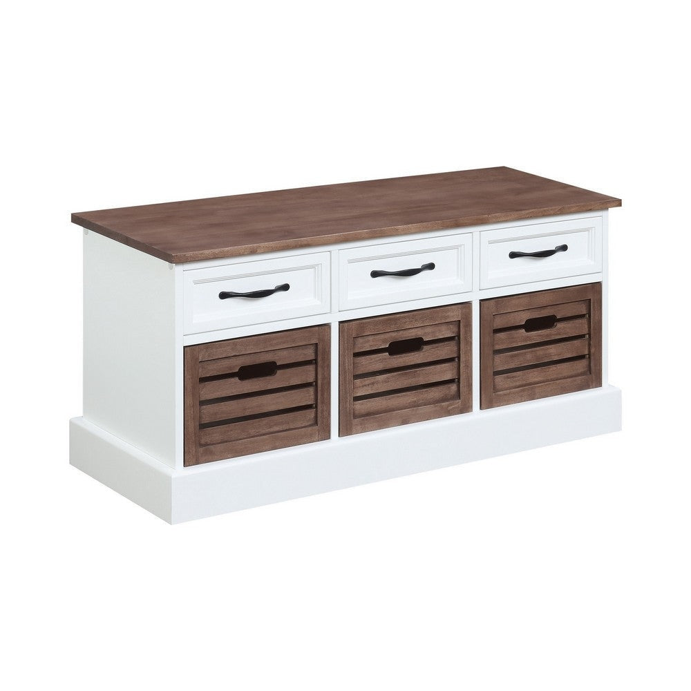 39 Inch Modern Storage Bench, 3 Drawers, Bar Handles, Wood, White, Brown By Casagear Home