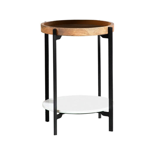 24 Inch Modern End Accent Table, Round Marble Shelf, Wood, White, Brown By Casagear Home