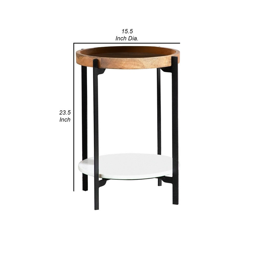 24 Inch Modern End Accent Table Round Marble Shelf Wood White Brown By Casagear Home BM280571
