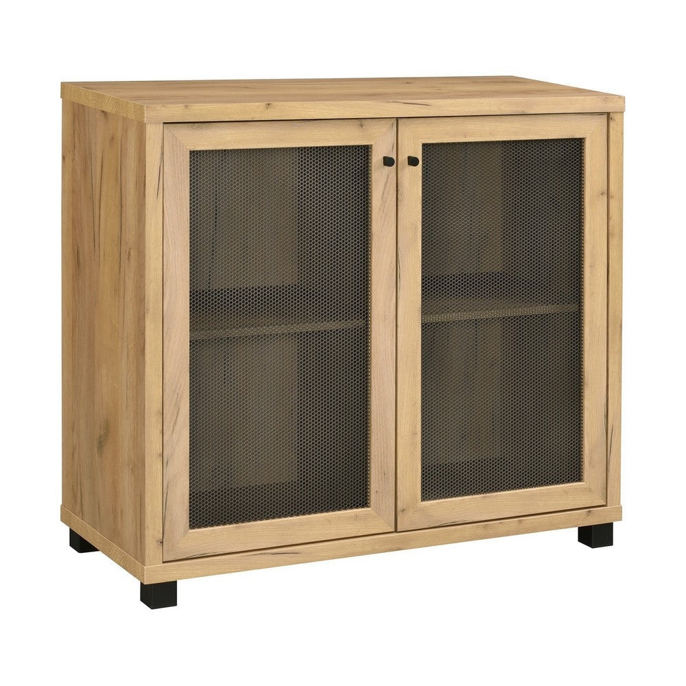 39 Inch Accent Console Cabinet, 4 Compartments, Modern Farmhouse, Oak By Casagear Home