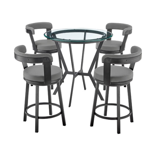 Clara Dining Set | 5 Piece | Round Counter Bar | Gray Faux Leather, Black