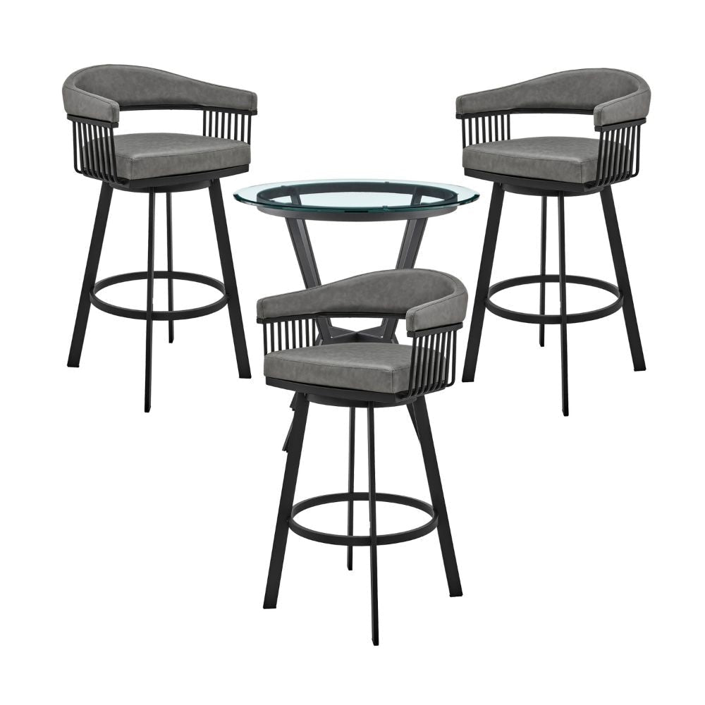 Mia 4 Piece Counter Height Dining Set, Glass Top, Gray Vegan Leather, Black By Casagear Home