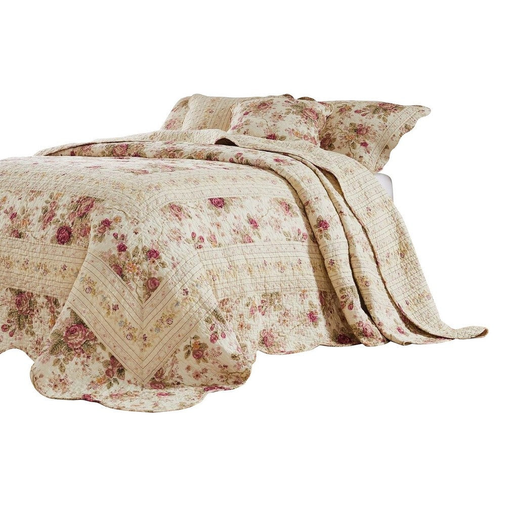 Rosle 3 Piece King Bedspread Set, Floral Print, Scalloped, Cream, Pink By Casagear Home