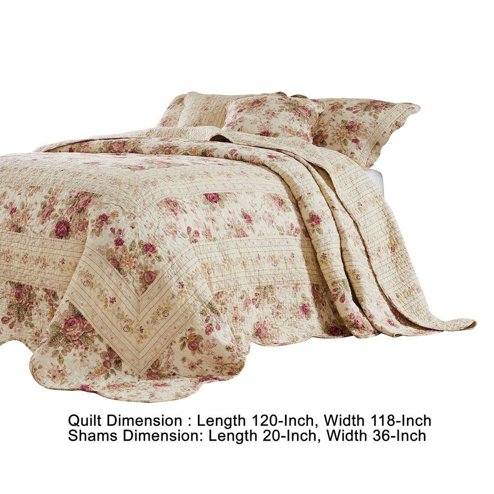 Rosle 3 Piece King Bedspread Set Floral Print Scalloped Cream Pink By Casagear Home BM281989